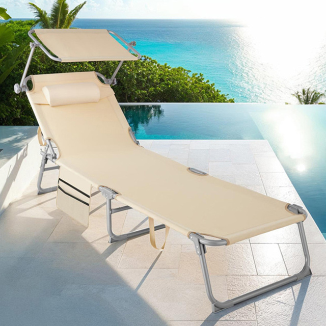 tectake Beige Sun Lounger with Adjustable Canopy - image 1