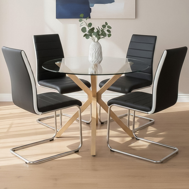 Portland Black Faux Leather Glass Tabletop Round 4 Seater Dining Set - image 1