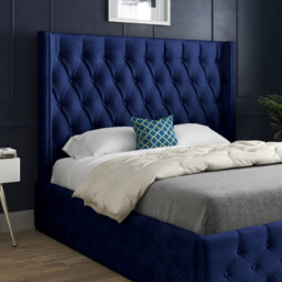 Turin Super King Size Blue Soft Velvet Upholstered Bed Frame with Straight Winged Headboard - thumbnail 3