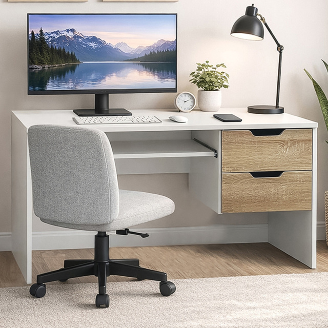 Kidsaw 2 Drawer Modern Home Office Desk with Keyboard Tray White and Oak - image 1