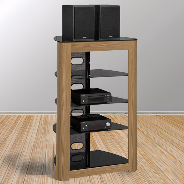 Centurion Supports Zinnia 5 Shelf Black Glass with Oak Facia Multimedia Stand - image 1