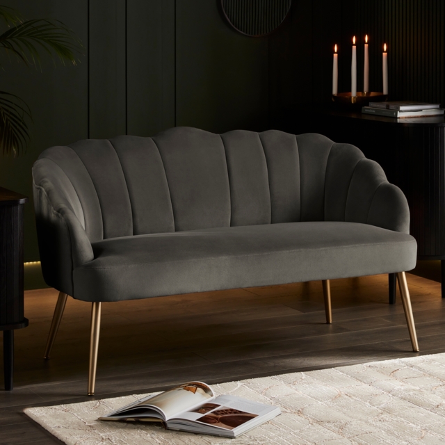 Sophia Scallop Velvet 2 Seater Small Sofa - Matte Grey