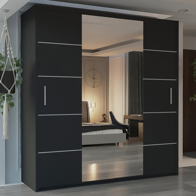 M N Furniture Osaka 2 Door Black Mirrored Panel Sliding Wardrobe 203cm - image 1