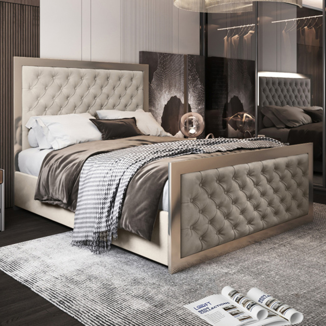Maddison Silver Double Velvet Upholstered Metal Bed Frame with Padded Headboard - image 1