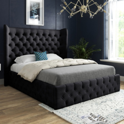Florence Black Small Single Velvet Upholstered Bed Frame with Wide Winged Chesterfield Headboard - thumbnail 1