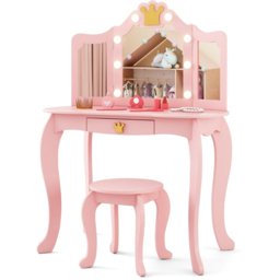 Costway Pink Vanity Set with Lighted Mirror and Stool - thumbnail 2