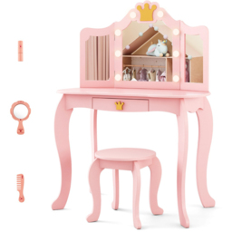 Costway Pink Vanity Set with Lighted Mirror and Stool - thumbnail 3