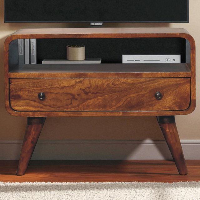 Artisan Furniture Mini Chestnut Single Drawer Single Shelf Mango Wood Curved Media Unit - image 1
