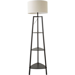 ValueLights Hiru 3 Shelf White Trim Linen Shade Black Floor Lamp with Bulb