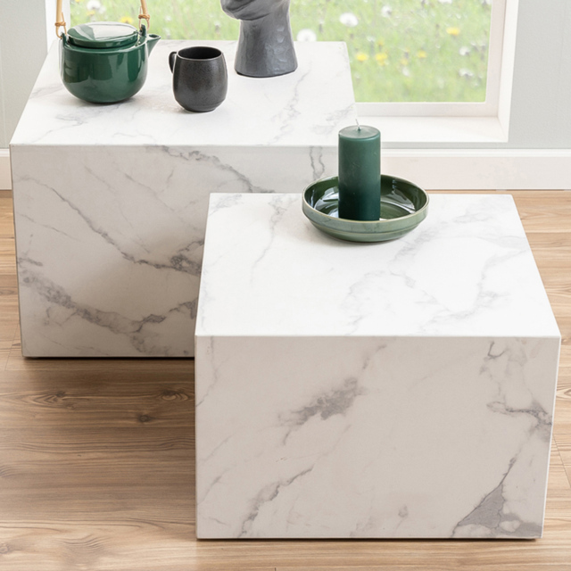Florence Dice Square White Marble Carrara Coffee Table Set of 2 - image 1