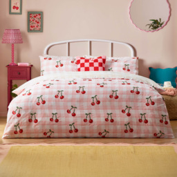 Heya Home King Size Pink Cherry Gingham Printed Duvet Set