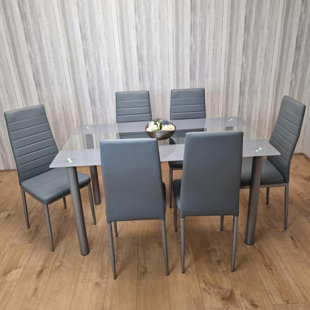 Kosy Koala 6 Seater Glass and Faux Leather Striped Design Dining Set Grey - image 1