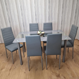 Kosy Koala 6 Seater Glass and Faux Leather Striped Design Dining Set Grey