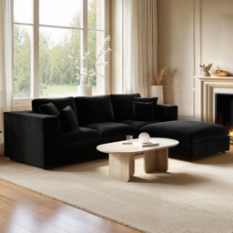 SOLACE+CO Asher 4 Seater Black Velvet Sofa with Footstool
