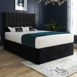 Marcelo Black Small Single Velvet Upholstered Divan Bed Frame with Linear Headboard