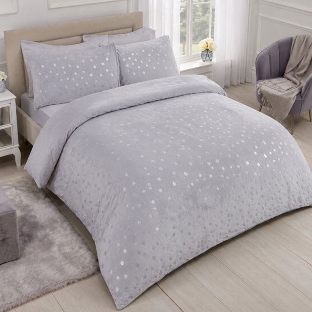 Smart Living Grey Super King Size Fleece Foil Polka Dot Duvet Set - image 1