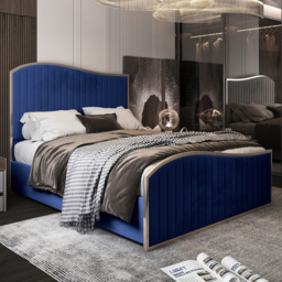 Brixton Blue Small Double Velvet Upholstered Metal Bed Frame with Wave Headboard