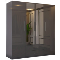 M N Furniture Glossera 4 Door 2 Drawer Grey High Gloss Mirrored Wardrobe 160cm - thumbnail 2