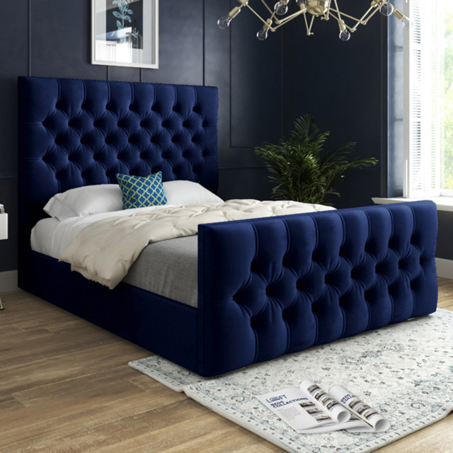 Novara Blue Small Single Velvet Upholstered Bed Frame with Pleated Chesterfield Headboard - image 1