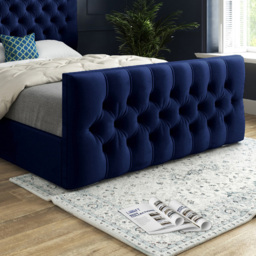 Novara Blue Small Single Velvet Upholstered Bed Frame with Pleated Chesterfield Headboard - thumbnail 4
