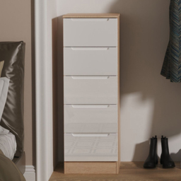 Crowndale Milan White Gloss and Bardolino Oak 5 Drawer Tall Bedside Cabinet Ready Assembled - thumbnail 1