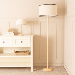 ValueLights Triston Linen Black Edge Drum Shade Natural Light Wood Stem LED Table Lamp - thumbnail 4