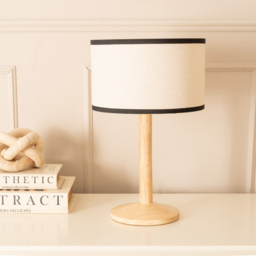 ValueLights Triston Linen Black Edge Drum Shade Natural Light Wood Stem LED Table Lamp - thumbnail 3