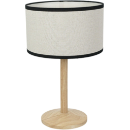 ValueLights Triston Linen Black Edge Drum Shade Natural Light Wood Stem LED Table Lamp