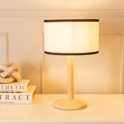 ValueLights Triston Linen Black Edge Drum Shade Natural Light Wood Stem LED Table Lamp - thumbnail 2