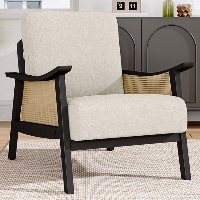 Living and Home Mid Century Teddy Fur White Cushion Rattan Armchair - image 1