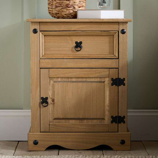 Corona Single Door Single Drawer Brown Pine Wood Large Bedside Table - image 1