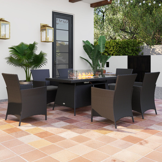 Outsunny 6 Seater Black PE Rattan Garden Dining Set with Fire Pit Table - image 1