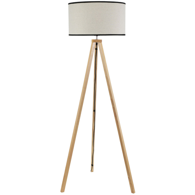 ValueLights Barbro Natural Linen Black Edge Drum Shade Wood Tripod LED Floor Lamp - image 1