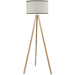 ValueLights Barbro Natural Linen Black Edge Drum Shade Wood Tripod LED Floor Lamp - thumbnail 1