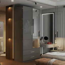 M N Furniture Glossera 2 Door 2 Drawer Grey High Gloss Mirrored Wardrobe 80cm - thumbnail 1