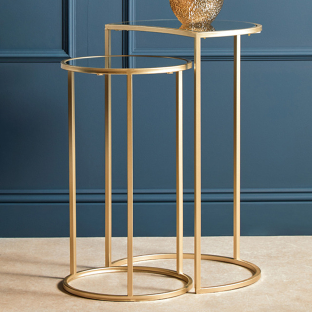 Premier Housewares Avantis Gold Mirrored Top Round Nest of Side Tables Set of 2 - image 1