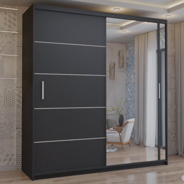 M N Furniture Venece 2 Door Black Mirrored Sliding Wardrobe 180cm - image 1