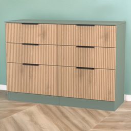 Crowndale Java Slatt Effect and Reed Green 6 Drawer Wide Midi Chest of Drawers