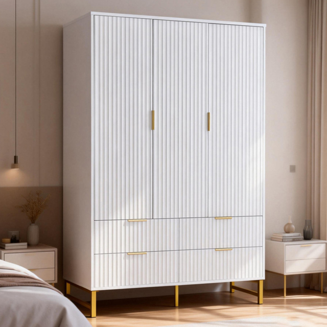 Langham 3 Door 4 Drawer White Ridged Fluted Wardrobe - image 1