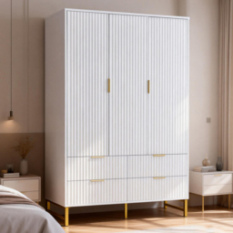 Langham 3 Door 4 Drawer White Ridged Fluted Wardrobe - thumbnail 1