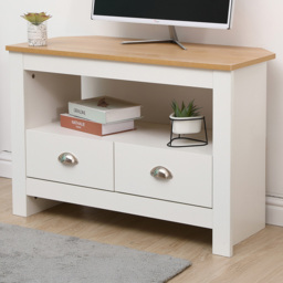 FurnitureHMD White and Oak 2 Drawer and Single Shelf Wooden Corner TV Unit
