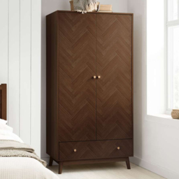 Herringford Walnut 2 Door Single Drawer Chevron Wardrobe - thumbnail 1