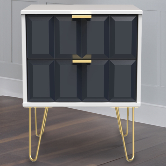 Crowndale Cube 2 Drawer Matt Indigo and White Bedside Table Ready Assembled - image 1