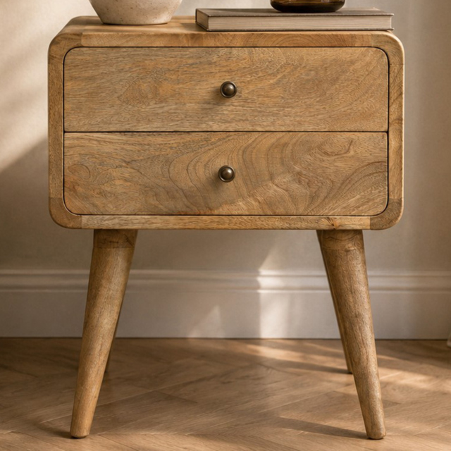 Artisan Furniture Brown 2 Drawer Solid Wood Curved Oak-ish Bedside Table - image 1