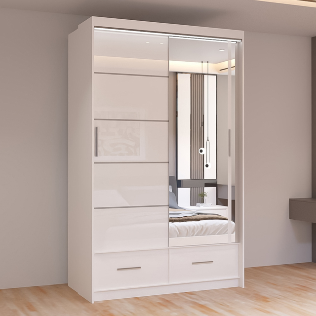 Sliding Wardrobes 4U Sycylia White 2 Door 2 Drawer High Gloss Mirror Wardrobe - image 1