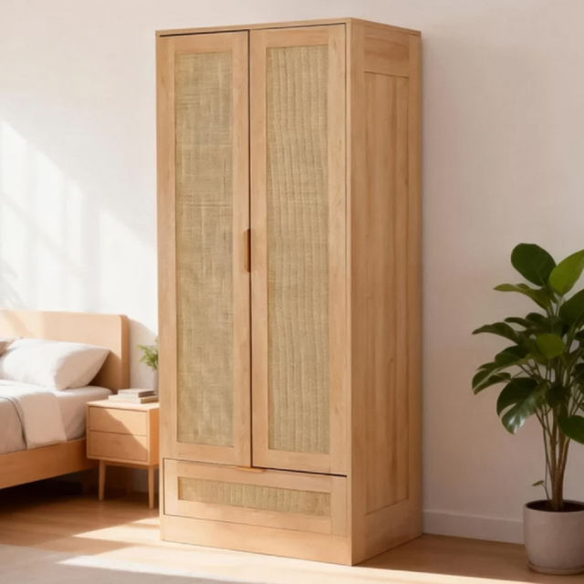 Langham 2 Door Single Drawer Natural Rattan Fluted Wardrobe - image 1