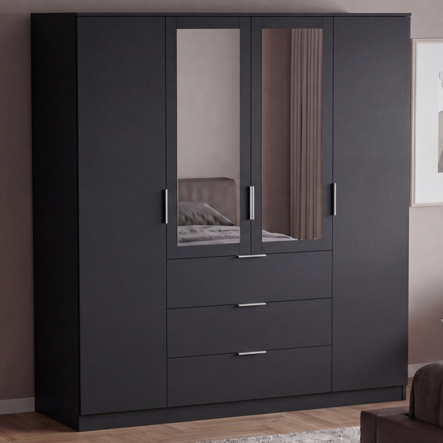 Vida Designs Trega Black 4 Door 3 Drawer Mirrored Wardrobe - image 1