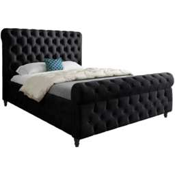 Savana King Size Black Soft Velvet Upholstered Sleigh Bed Frame with Scrolled Headboard - thumbnail 2