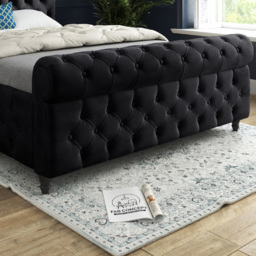 Savana King Size Black Soft Velvet Upholstered Sleigh Bed Frame with Scrolled Headboard - thumbnail 4