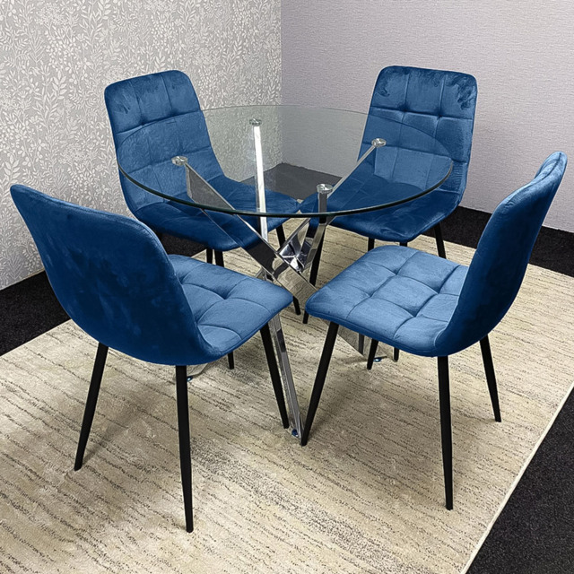 Kosy Koala 4 Seater Glass Round Dining Set Blue Velvet - image 1
